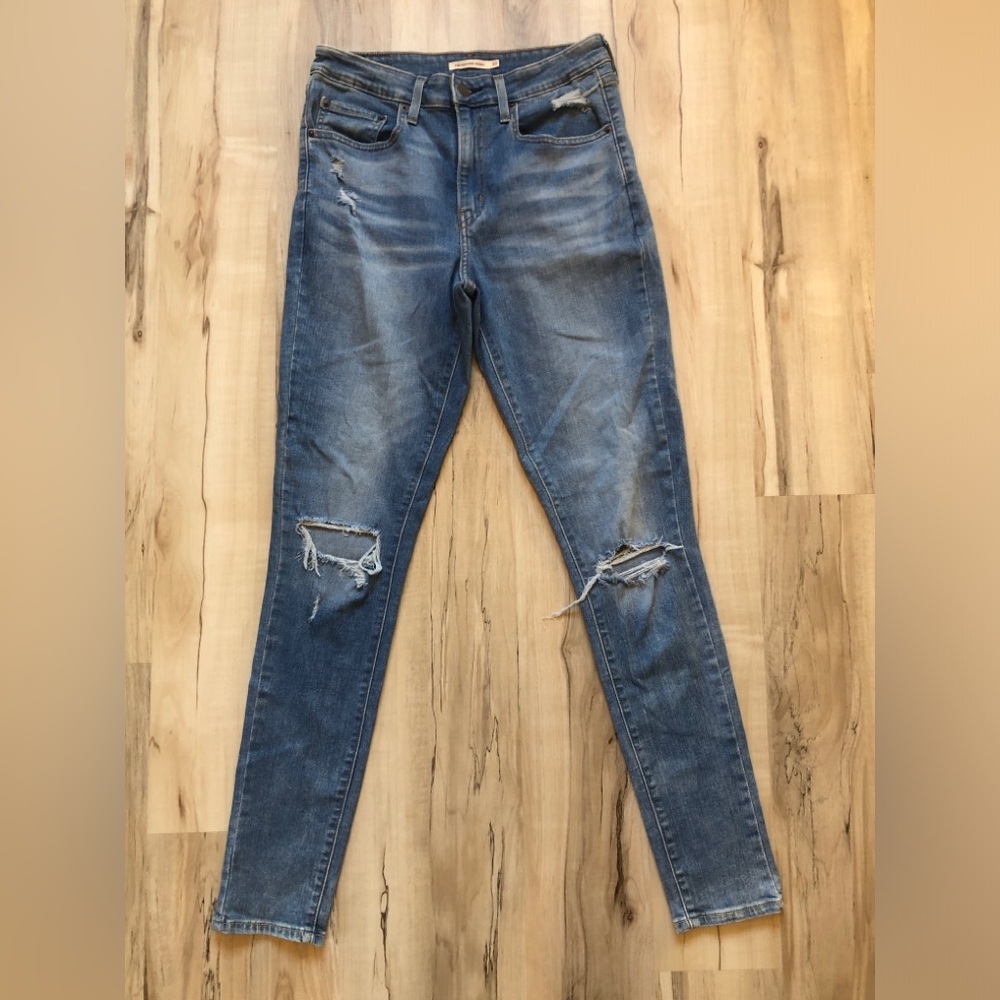 Levi's 721 High Rise Skinny Jeans W30 L32 Distressed Stretch Blue Denim